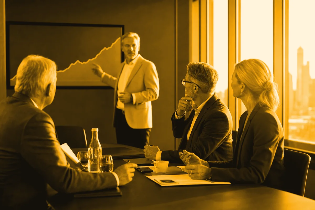 Executives in a boardroom briefing reviewing results on a wall screen