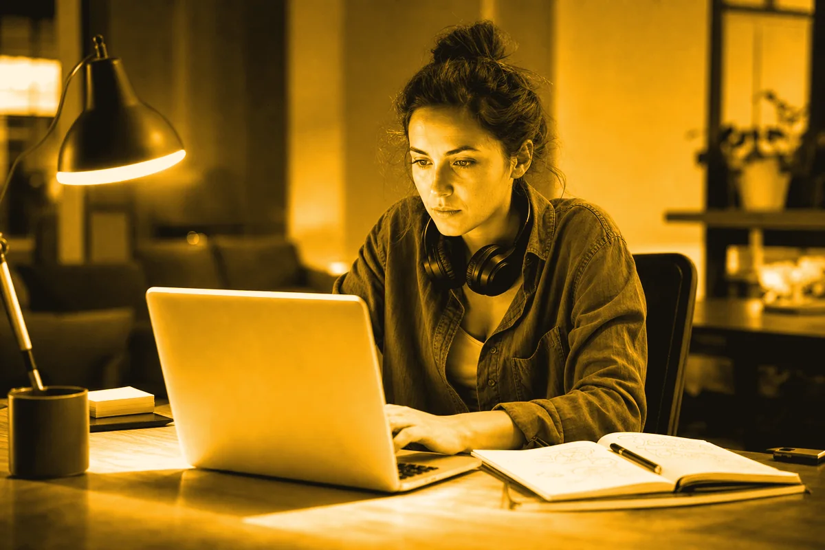 A professional deep in focused practice at her laptop in the evening